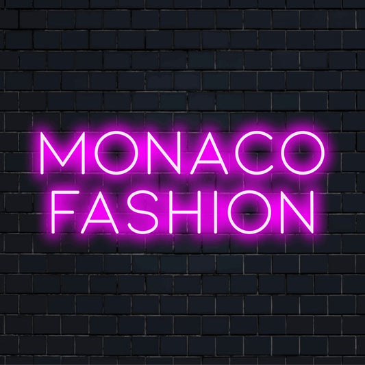 Monaco Fashion Neon Sign, bright neon glow on dark brick background