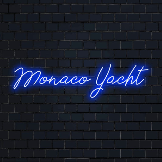 Monaco Yacht Neon Sign, glowing wall decor on dark brick background