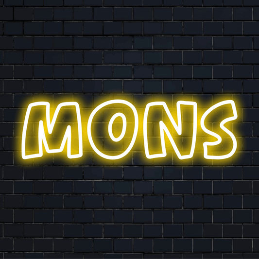 Mons Neon Sign, glowing neon text against brick backdrop