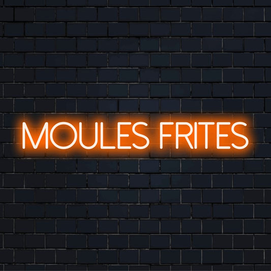 Moules Frites Neon Sign, bright LED glow on black brick background