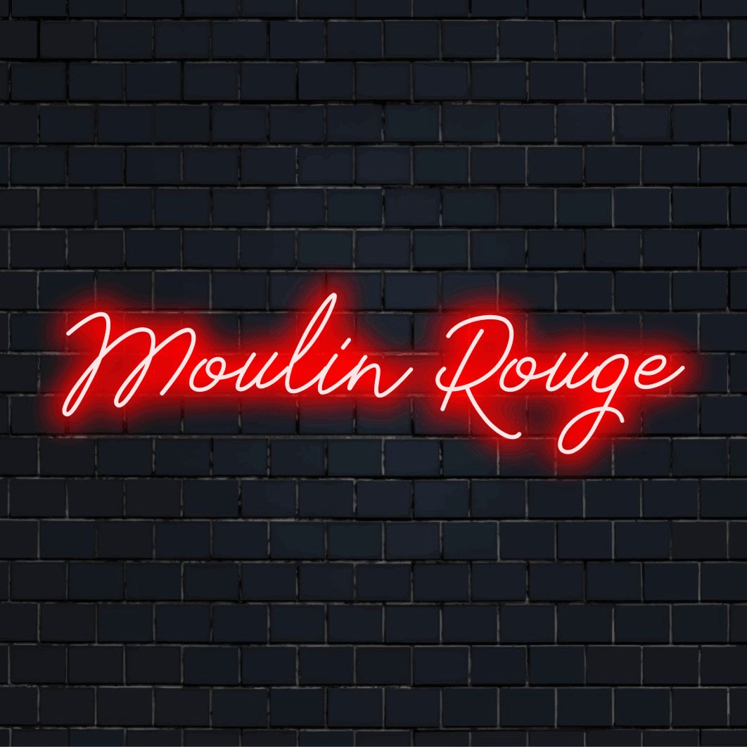 Moulin Rouge Neon Light with bright neon glow on dark brick background