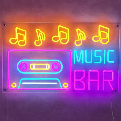 A lively music bar neon sign, radiating vibrant light to create a captivating ambiance in any music-themed establishment.