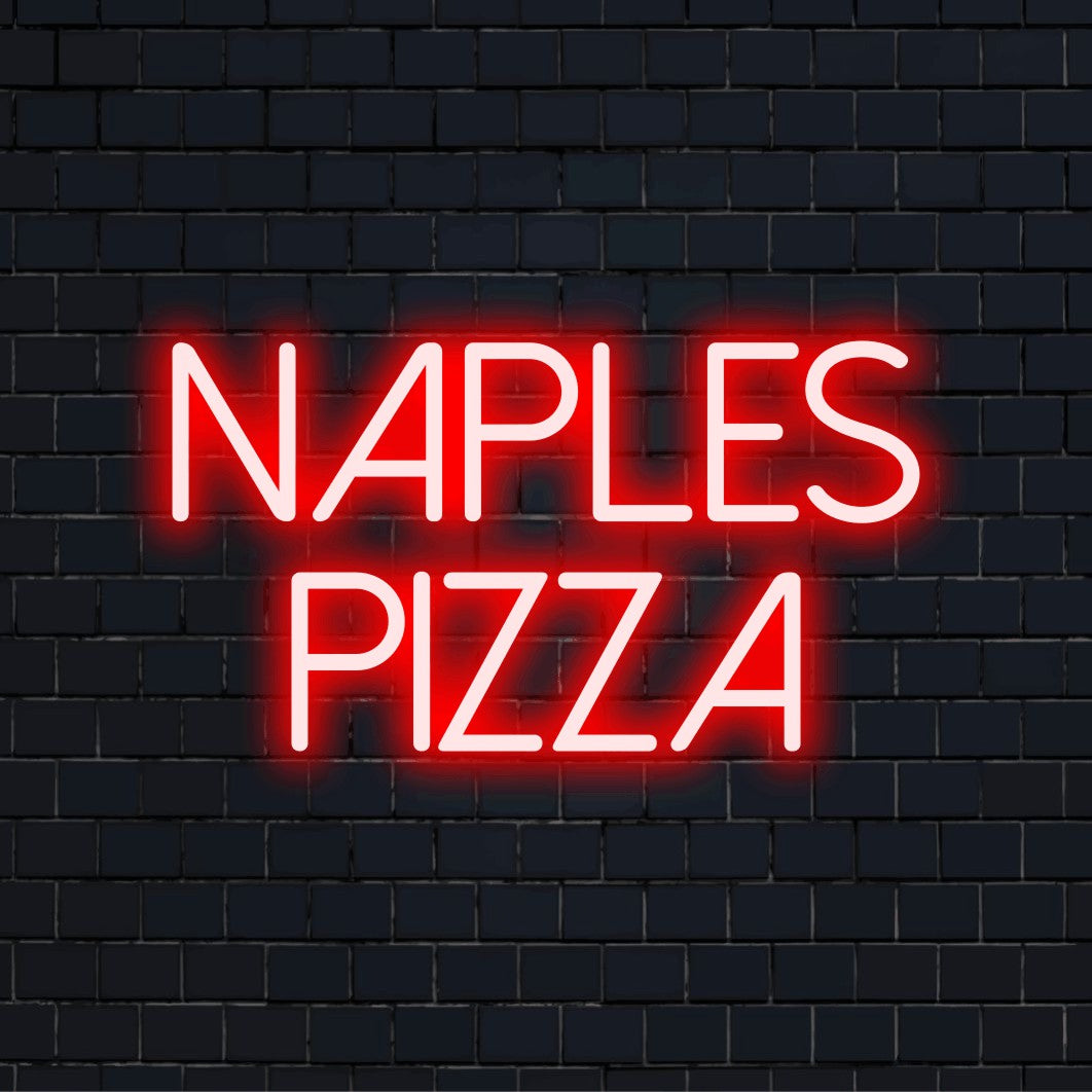 Naples Pizza LED Neon Sign, bright neon glow on dark brick wall