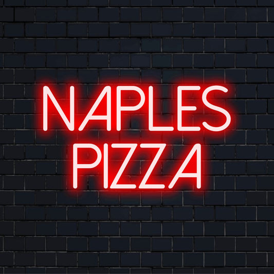Naples Pizza LED Neon Sign, bright neon glow on dark brick wall