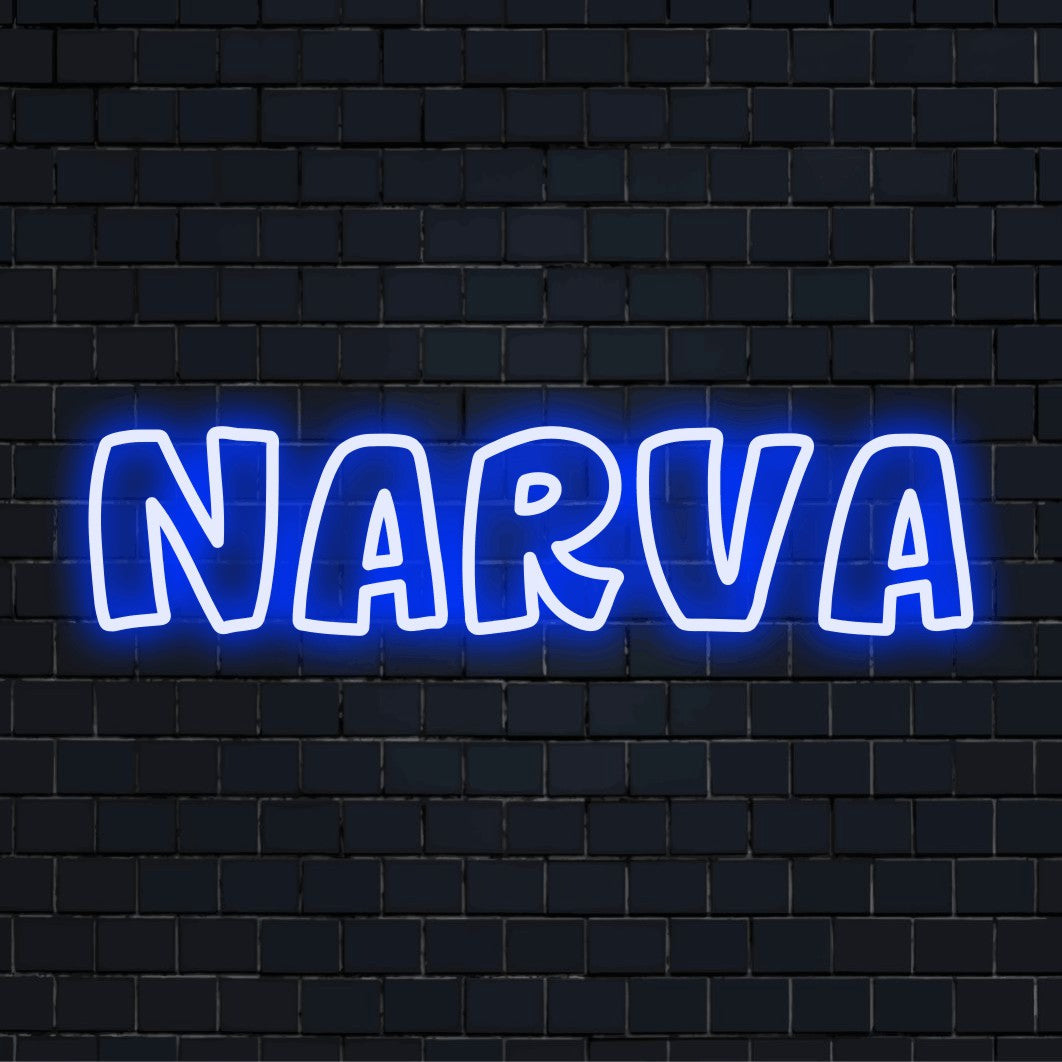 Narva Neon Sign, neon text light against brick backdrop