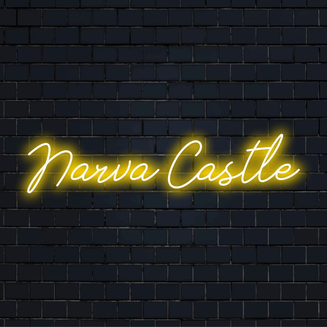 Narva Castle Neon Sign, soft neon glow on black brick background