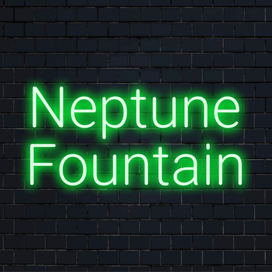 Neptune Fountain LED Neon Sign, soft neon glow on dark brick wall