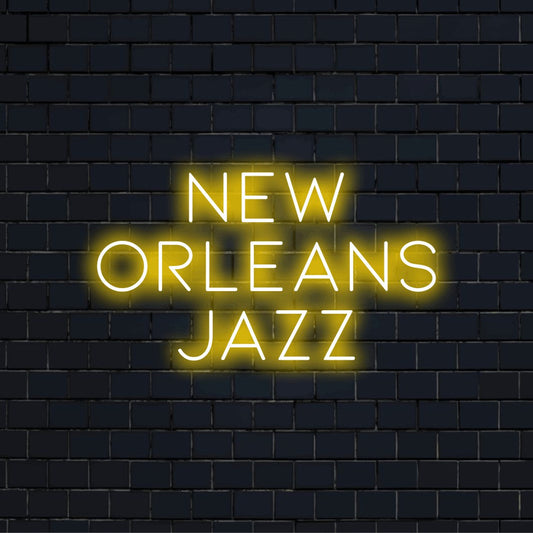 New Orleans Jazz LED Neon Sign, soft neon glow on dark brick wall