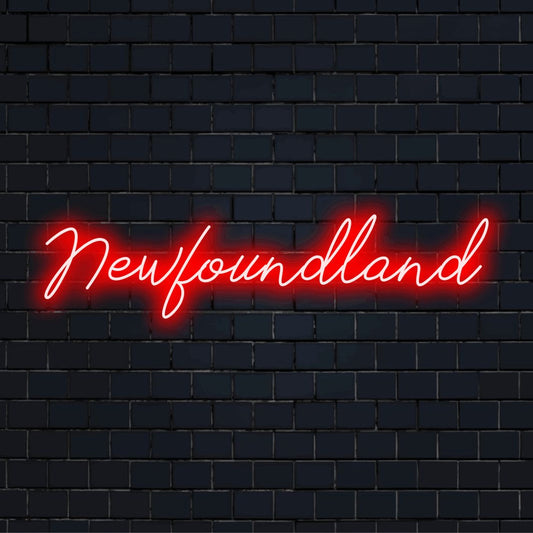 Newfoundland LED Neon Sign, neon text light on black brick background