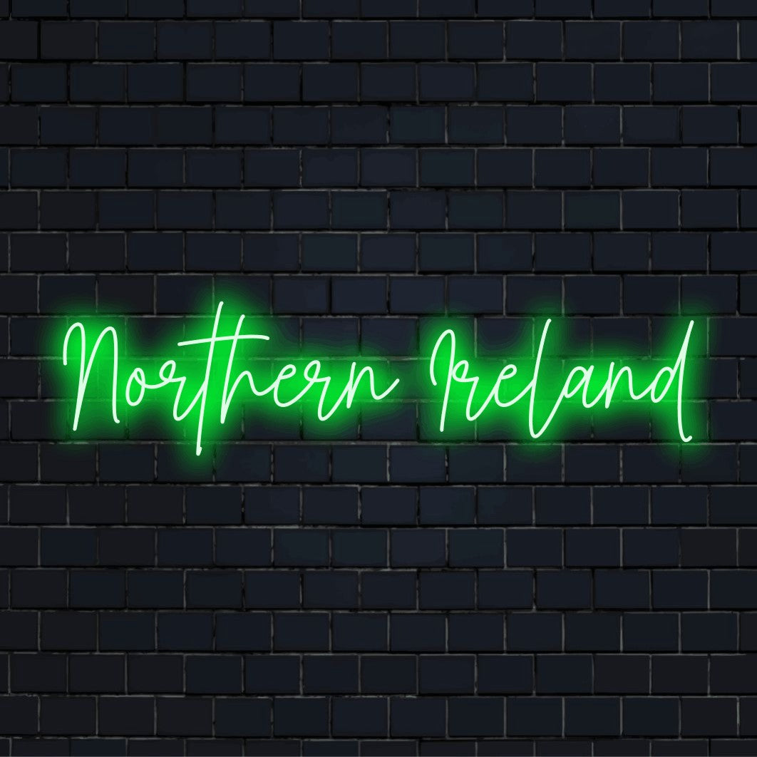 Northern Ireland LED Neon Sign, bright neon glow on dark brick wall