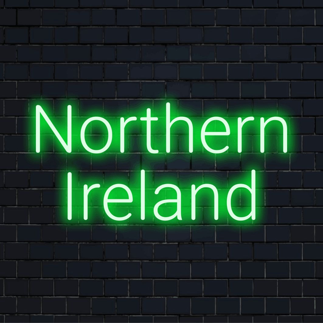 Northern Ireland Neon Sign, neon text light on dark brick background