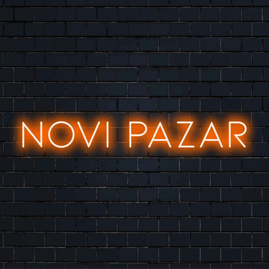 Novi Pazar Neon Light with bright neon lettering on dark brick background