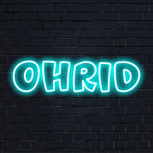 Ohrid Neon Sign, bright neon glow on dark brick background
