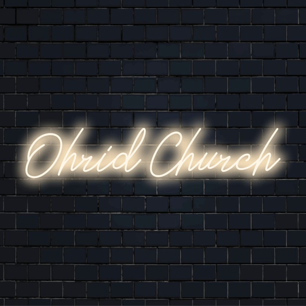 Ohrid Church Neon Sign, neon text light on dark brick background