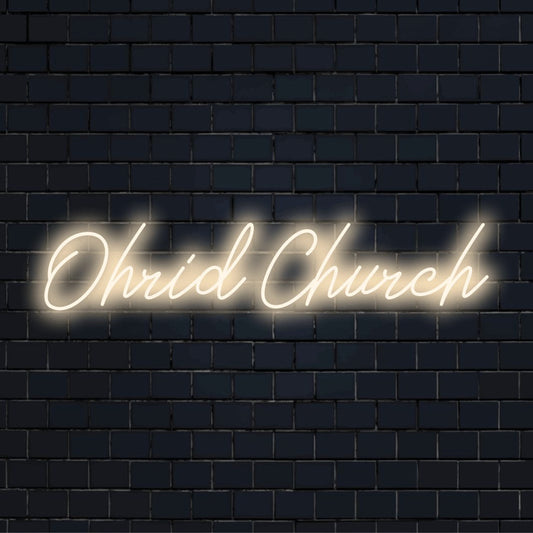 Ohrid Church Neon Sign, neon text light on dark brick background