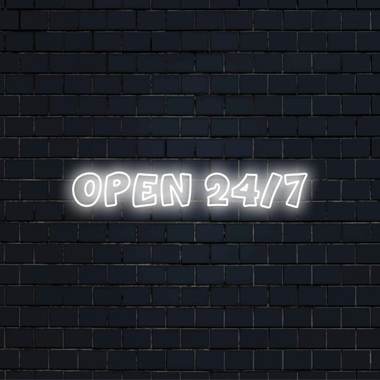 Open 24 7 Neon Sign, bright neon glow against black brick wall