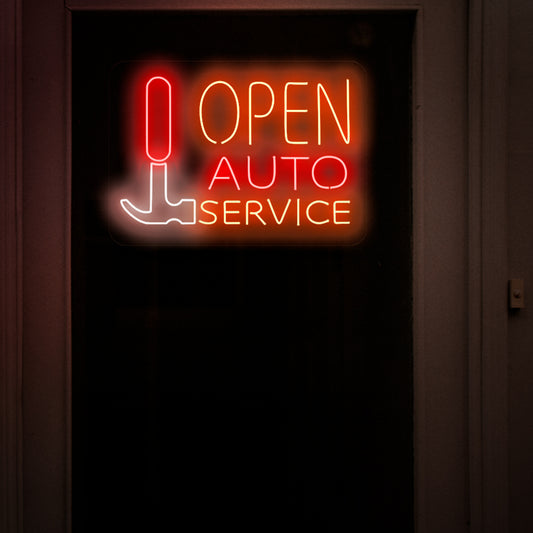 A captivating neon sign featuring a hammer and the words 'Open Auto Service' in bold, vibrant letters.