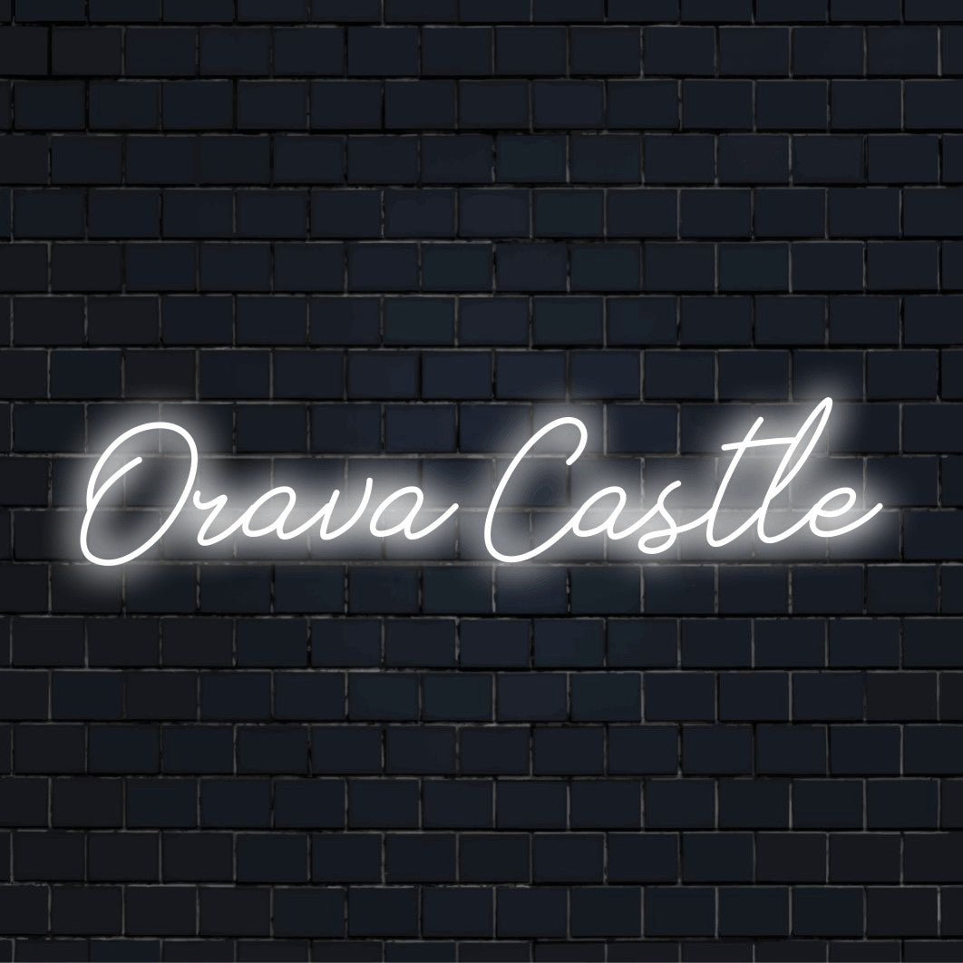 Orava Castle LED Neon Sign, glowing wall decor on dark brick wall
