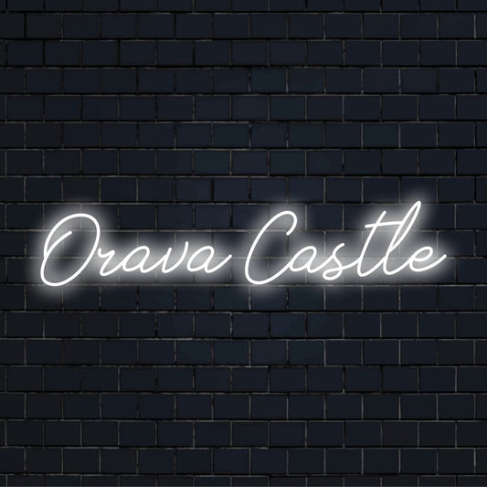 Orava Castle LED Neon Sign, glowing wall decor on dark brick wall