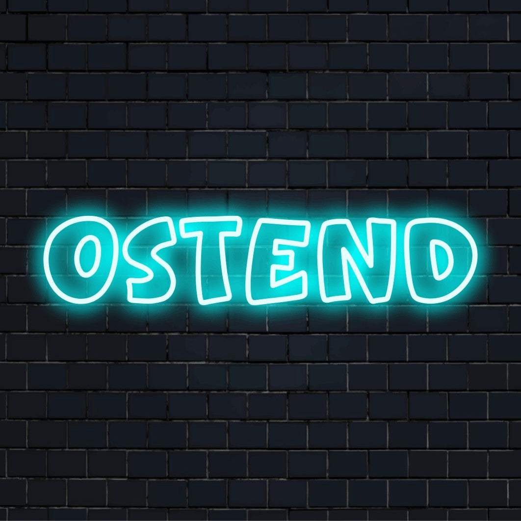 Ostend Neon Light with bright neon lettering on dark brick background