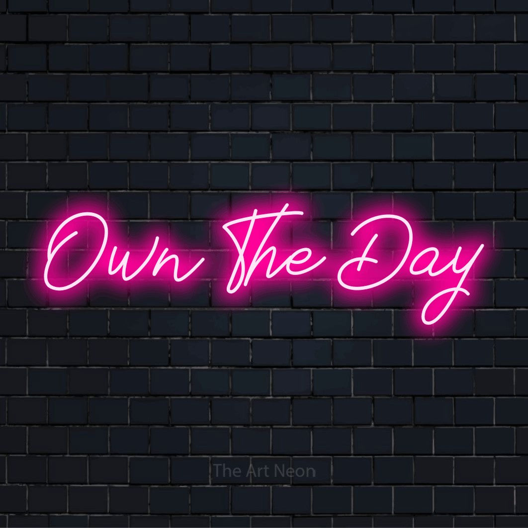 "Own The Day" script-style LED neon sign on a black brick wall