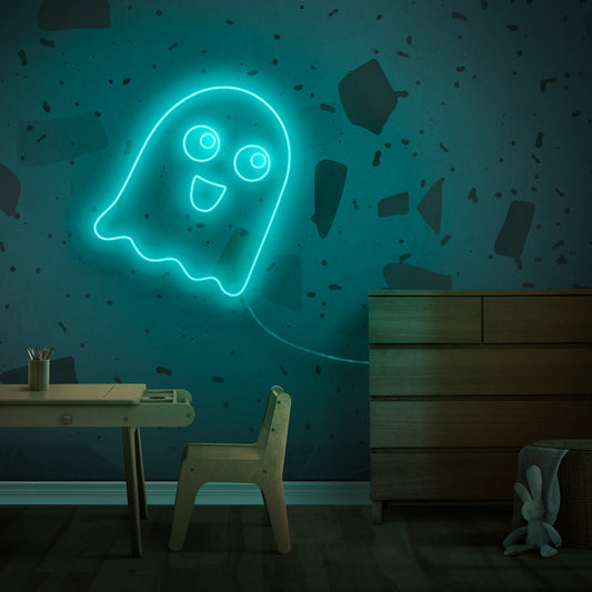 A nostalgic neon sign featuring a Pacman ghost, reminiscent of the classic retro gaming era.
