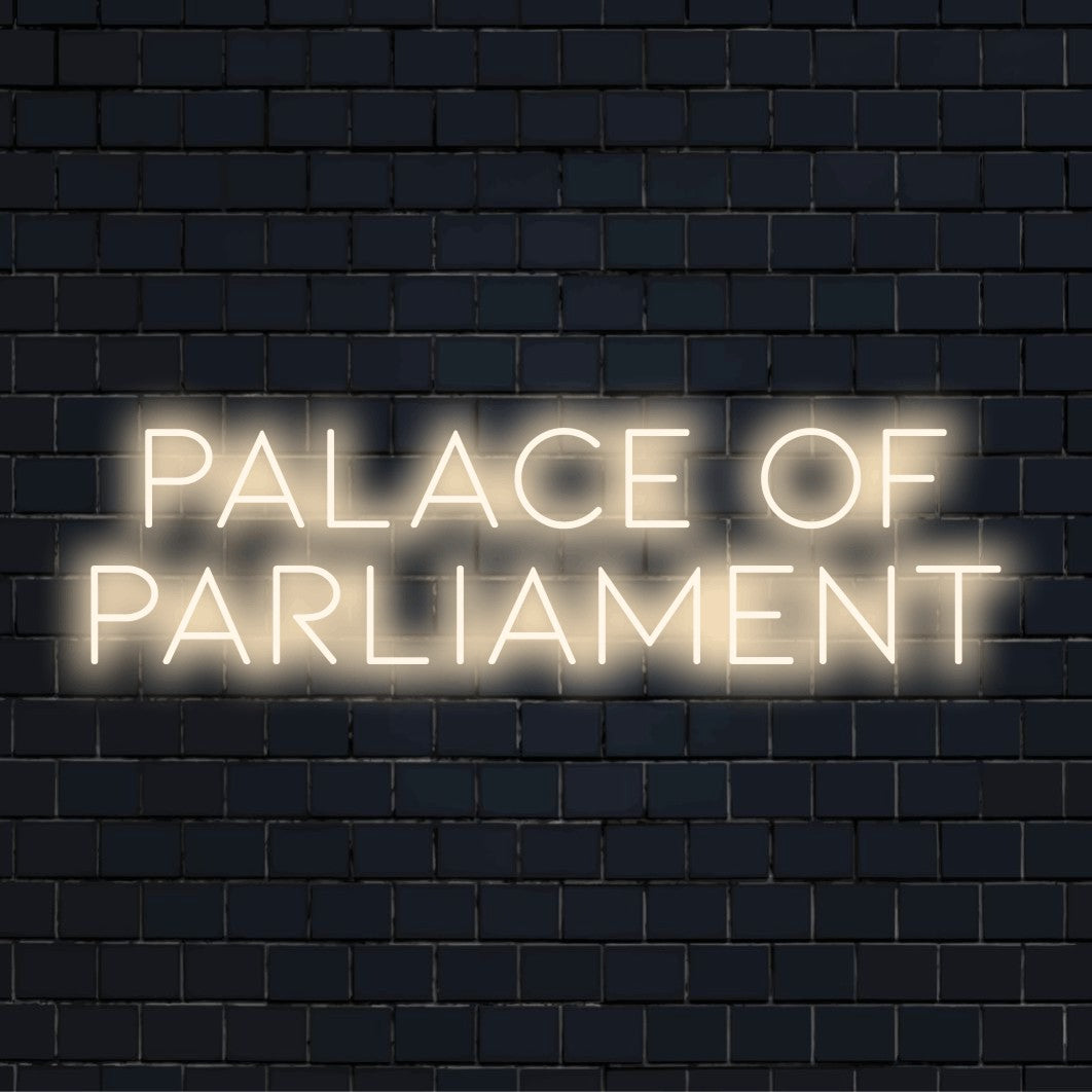 Palace Of Parliament Neon Light with neon text light against black brick wall