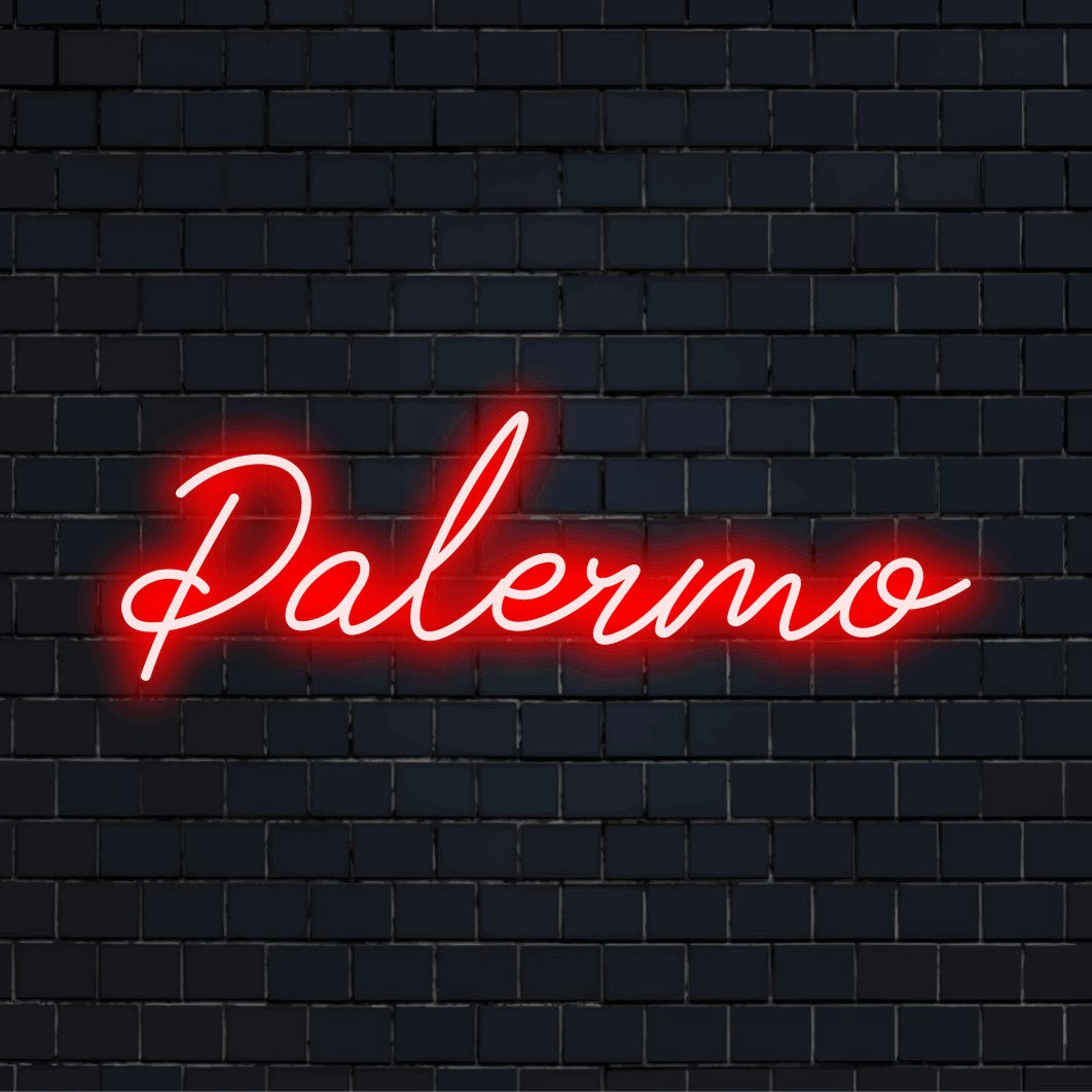 Palermo Neon Light with bright LED glow on dark brick background