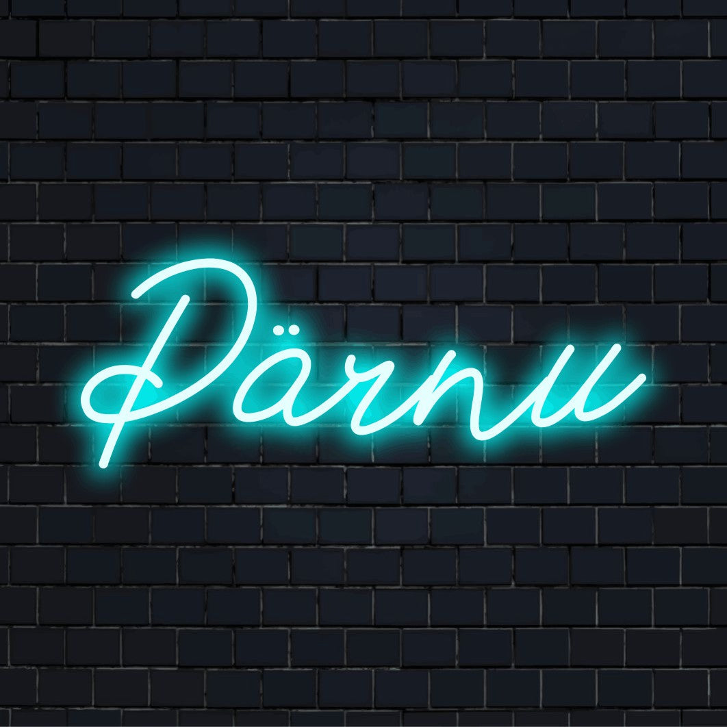Parnu Neon Light with bright neon glow on dark brick background