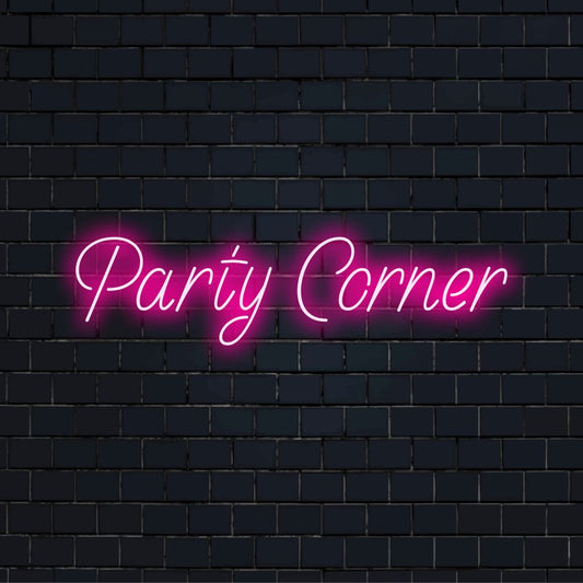 Party Corner LED Neon Sign, bright neon lettering on black brick background