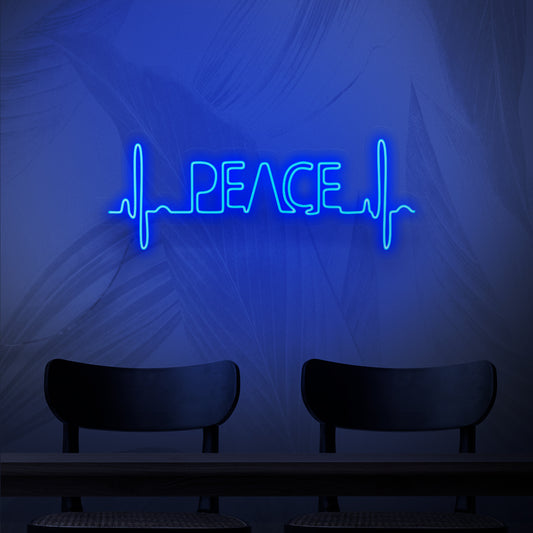 A mesmerizing neon sign featuring a pulsating heartbeat pattern with the word 'peace' in between, representing a harmonious blend of tranquility and love. 
