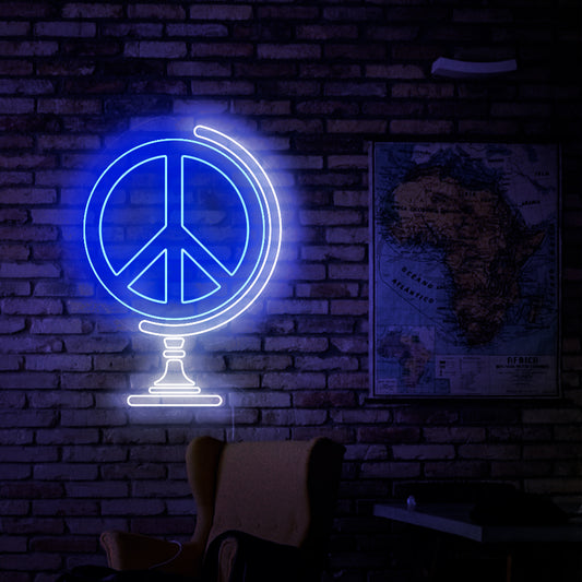 A peace symbol neon sign for peace-themed decor, emitting a vibrant and captivating light.