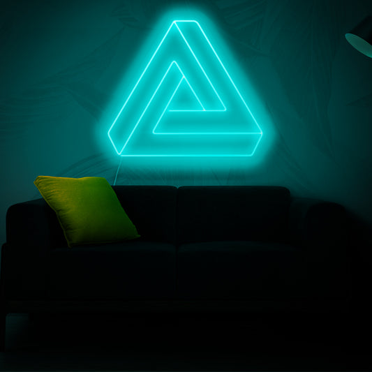 A mesmerizing neon sign featuring the Penrose Triangle, a famous optical illusion.
