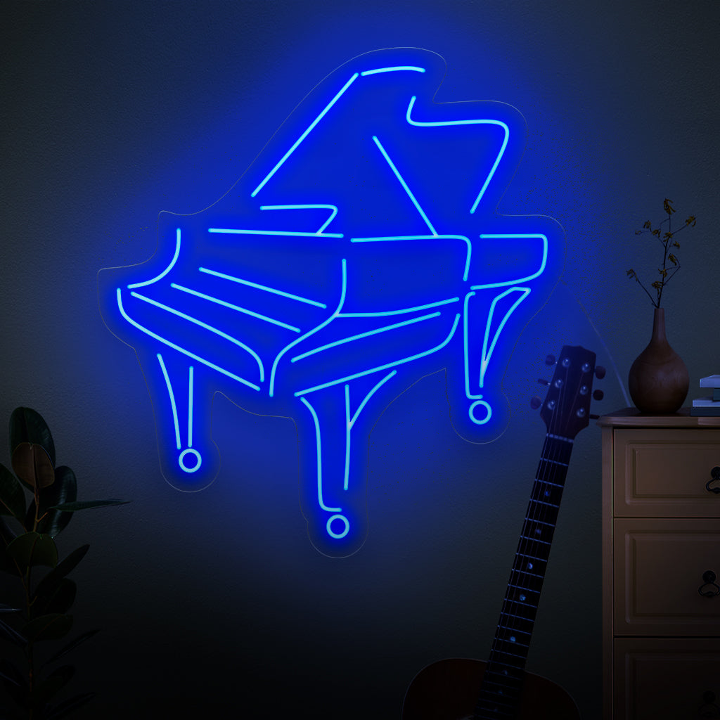 The piano neon sign is an elegant addition to music-themed decor, illuminating with a stylish and captivating light.