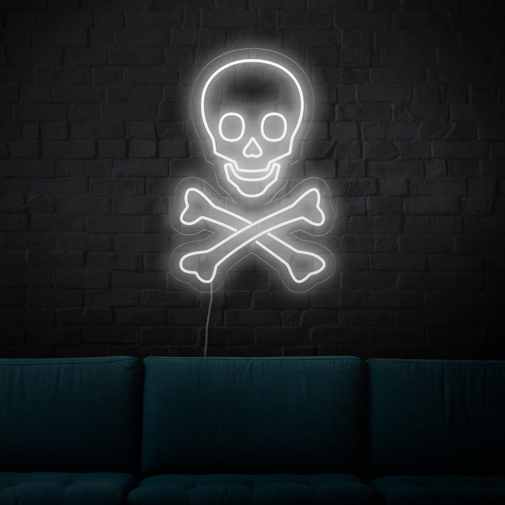 A captivating neon sign featuring a pirate skull and crossbones, symbolizing adventure and the spirit of the high seas.