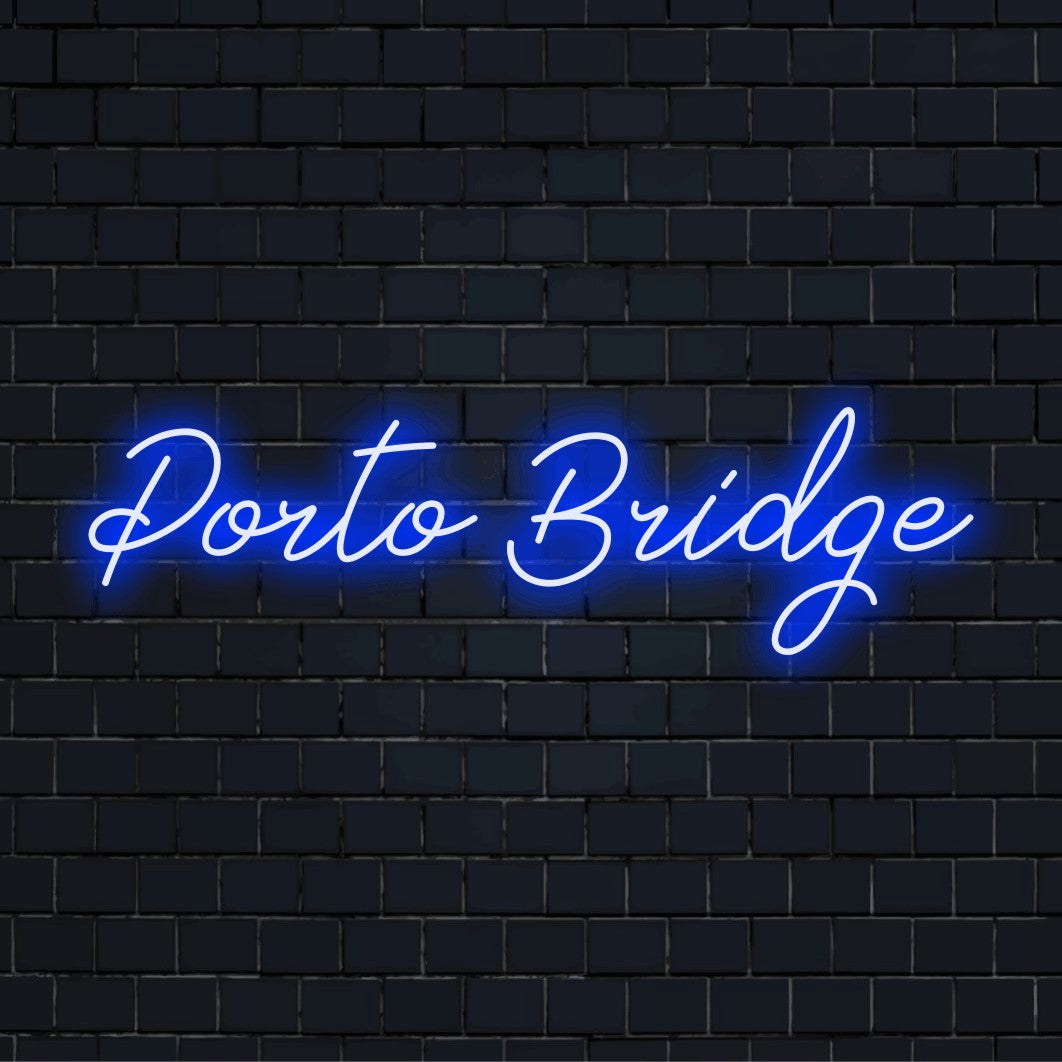 Porto Bridge Neon Sign, glowing neon text on black brick background