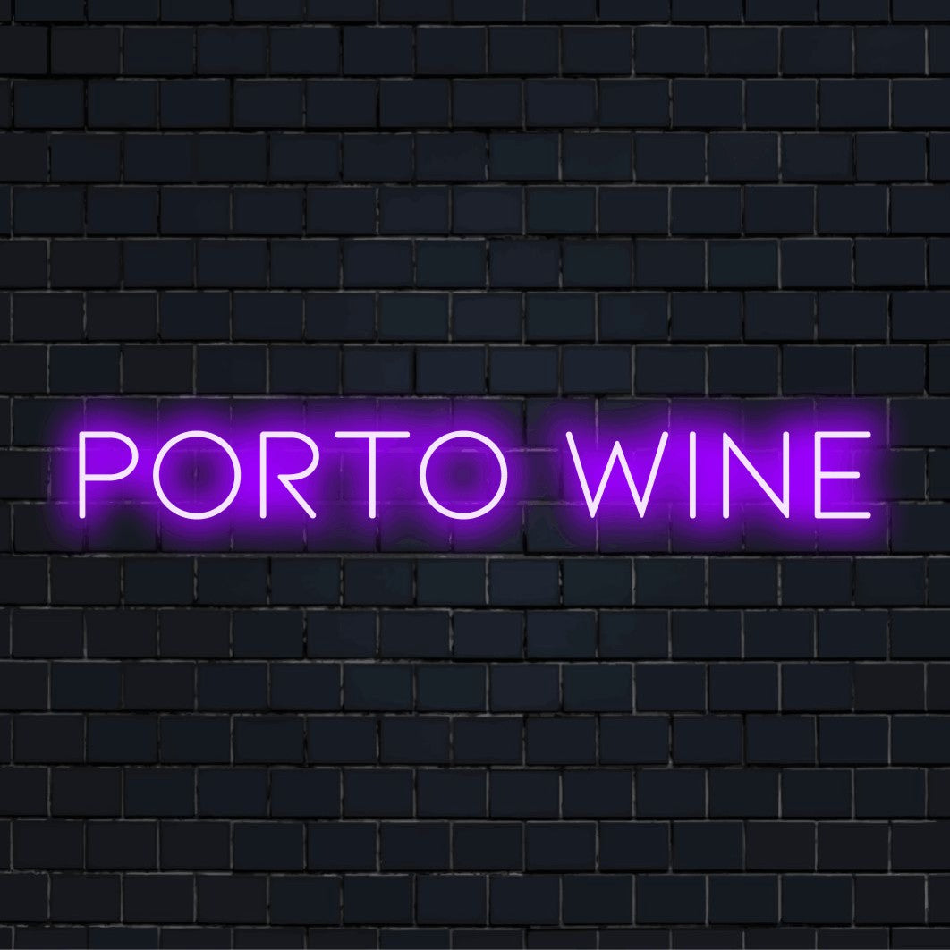 Porto Wine Neon Light with glowing wall decor on dark brick wall