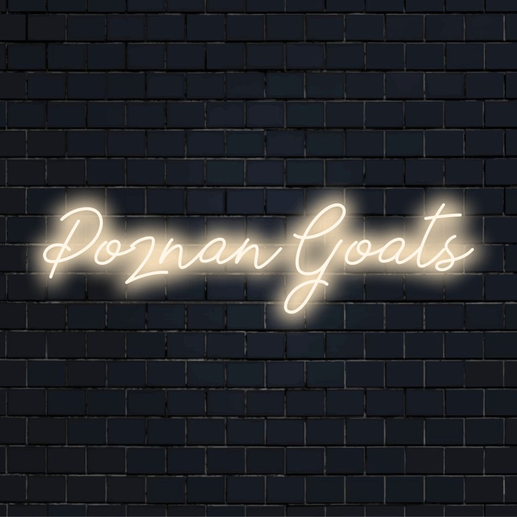 Poznan Goats Neon Sign, bright LED glow on dark brick background