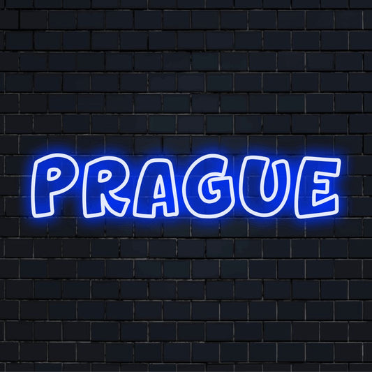 Prague LED Neon Sign, bright LED glow on dark brick wall