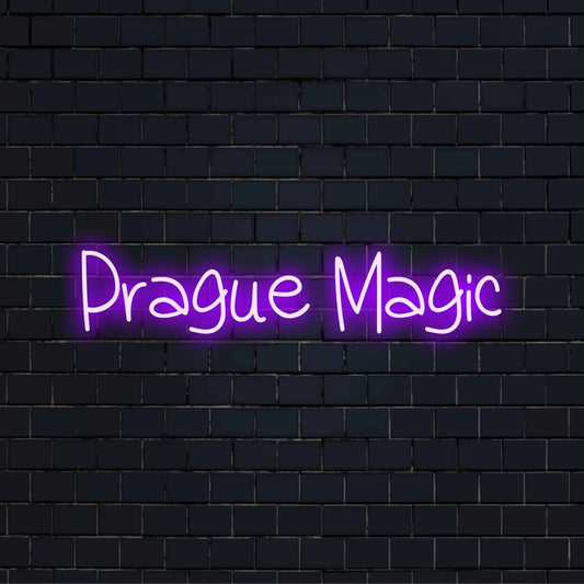 Prague Magic Neon Sign, glowing neon text against brick backdrop