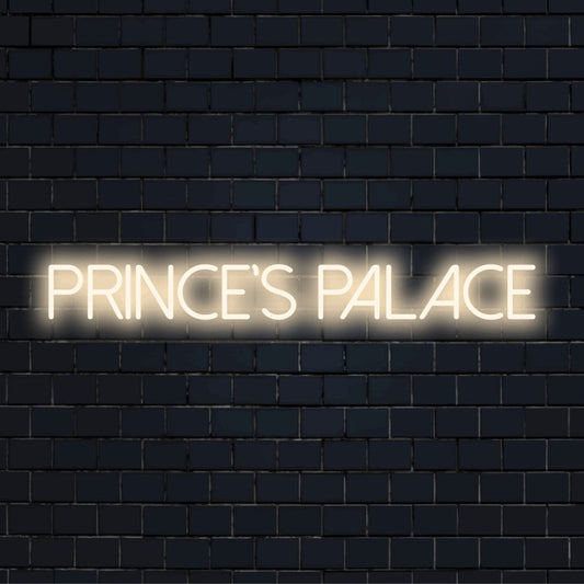 Prince S Palace Neon Sign, glowing lettering against black brick wall