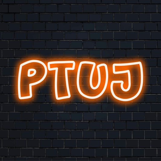 Ptuj Neon Light with bright neon glow on dark brick wall