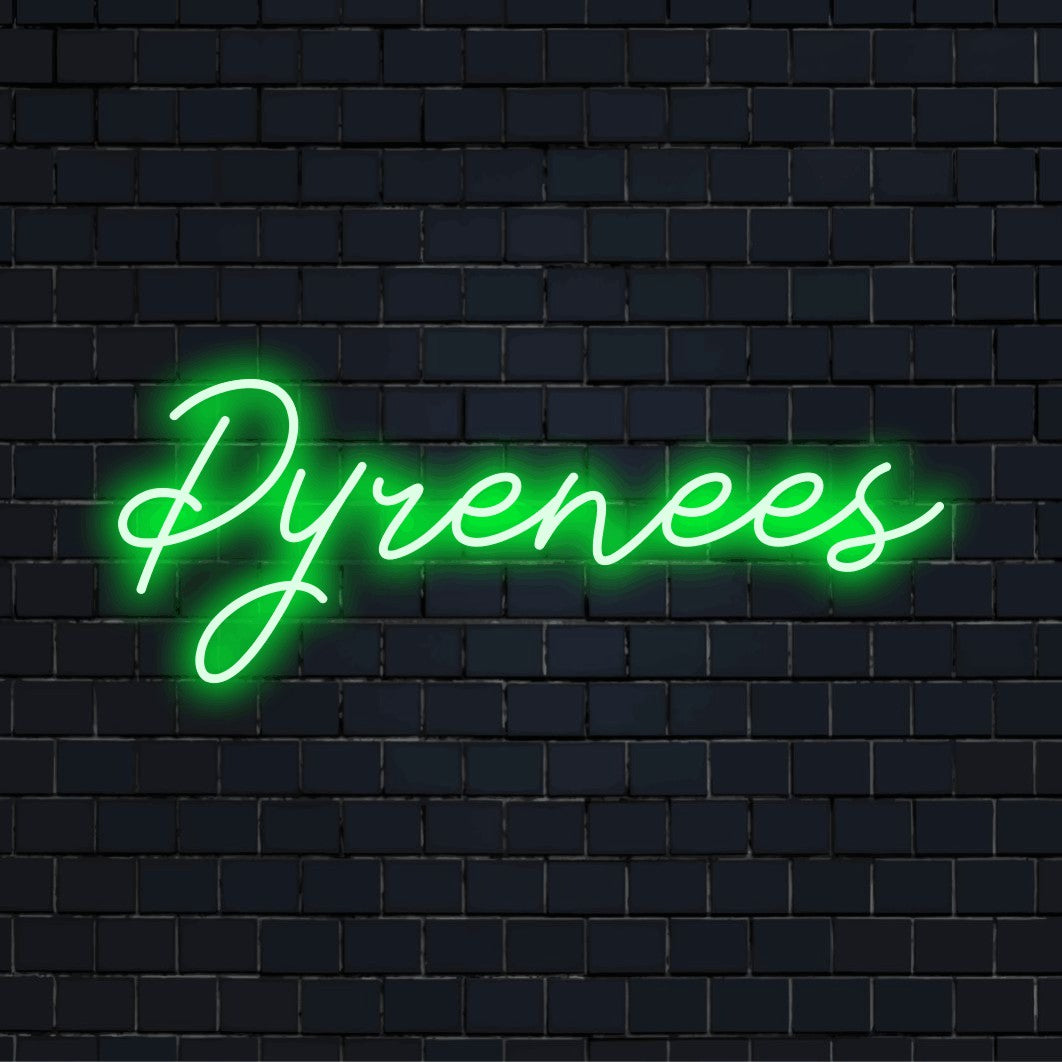 Pyrenees Neon Sign, glowing lettering on black brick background