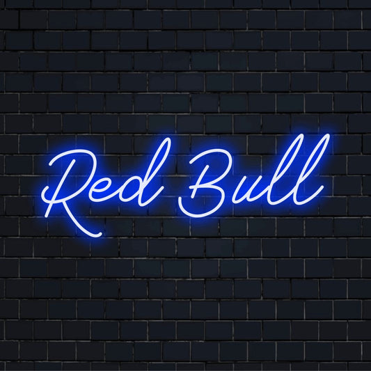 Red Bull LED Neon Sign, glowing neon text on dark brick wall
