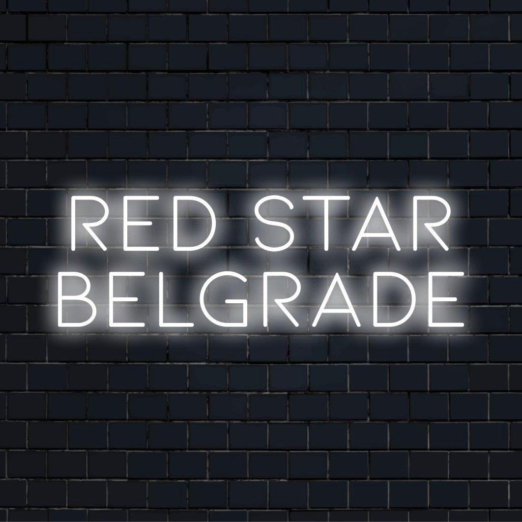 Red Star Belgrade Neon Sign, glowing lettering on black brick background
