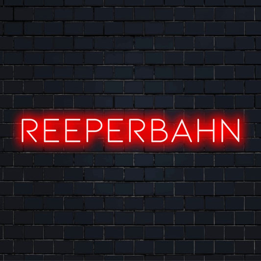 Reeperbahn Neon Sign, bright LED glow on dark brick background