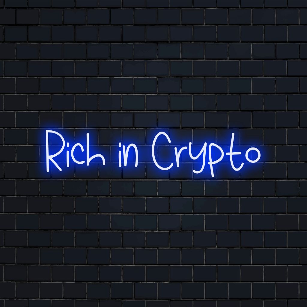 Rich In Crypto Neon Sign, bright LED glow on black brick background
