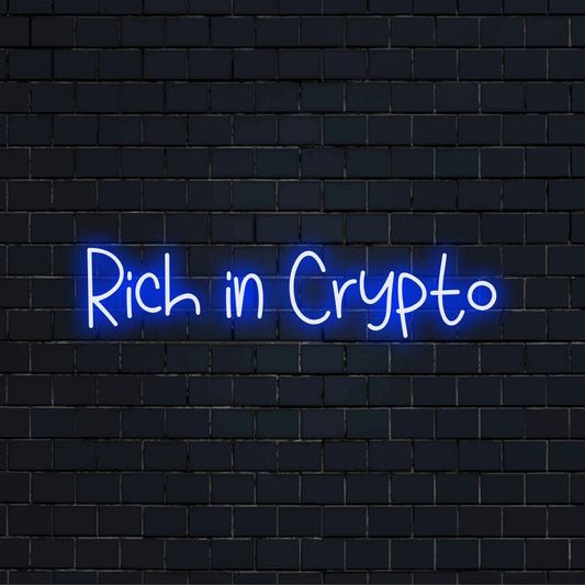 Rich In Crypto Neon Sign, bright LED glow on black brick background