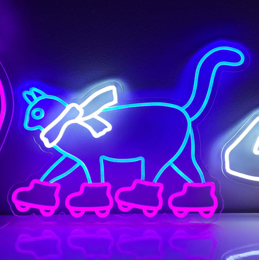 Handmade cat with skates on its feet neon sign, a whimsical and unique addition to feline or playful-themed decor.