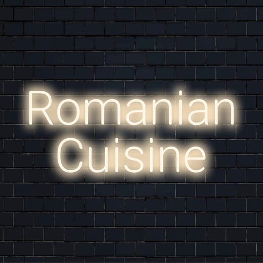 Romanian Cuisine Neon Light with soft neon glow on dark brick wall